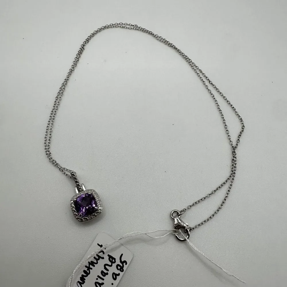 Stunning checkboard faceted cushion cut‎ amethyst necklace in sterling silver!